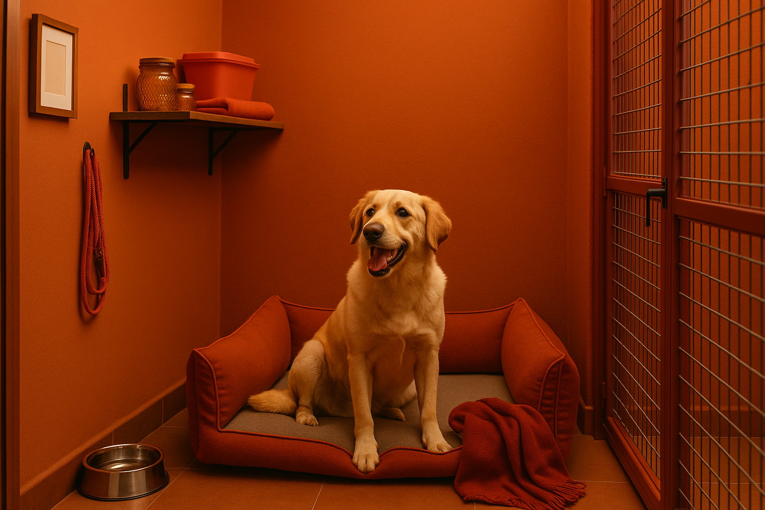Perro descansando en su alojamiento del hotel canino